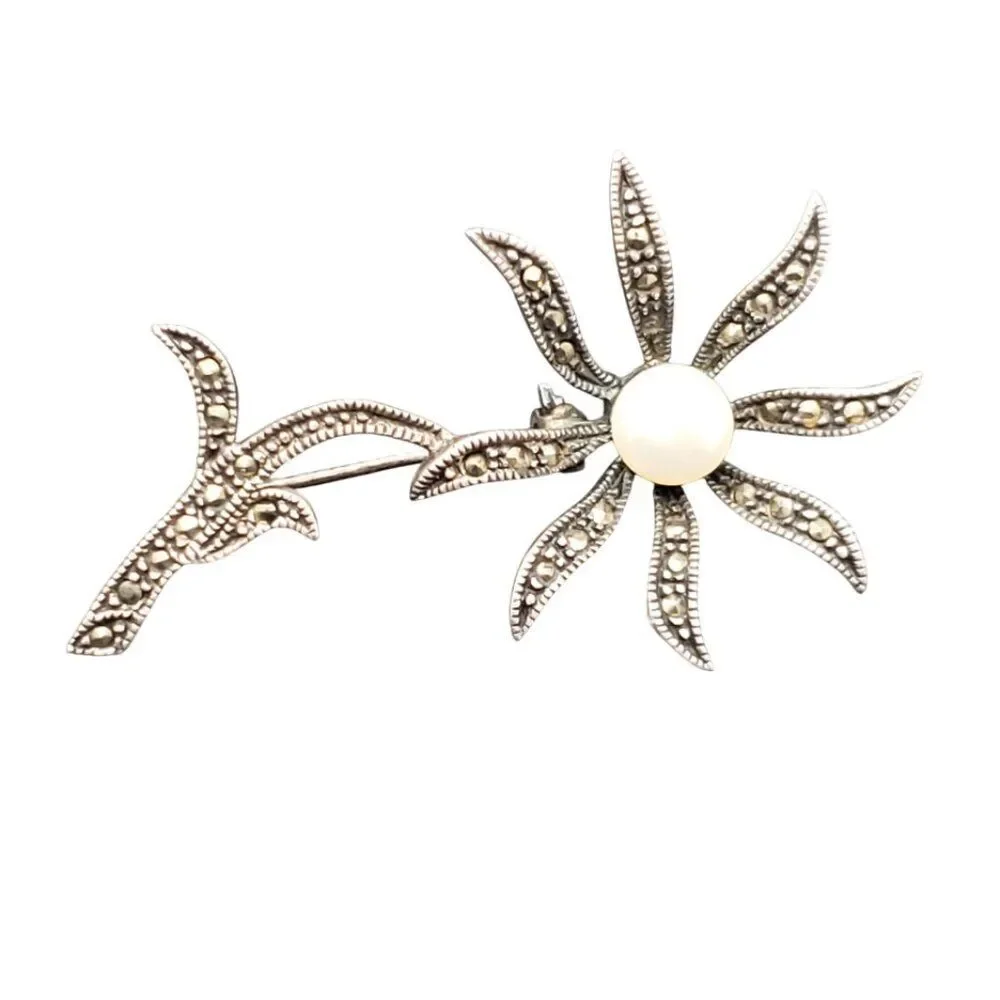 Vintage 925 Sterling Silver Flower Brooch Pin Marcasite Pearl Daisy Gemstone